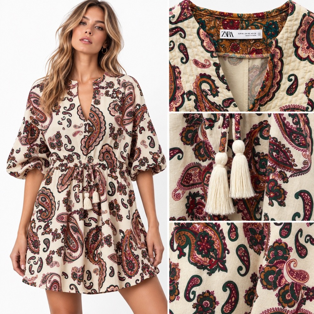 Zara Womens Paisley Print Mini Dress V-Neck Tassel Tie Waist Balloon Sleeve XS
